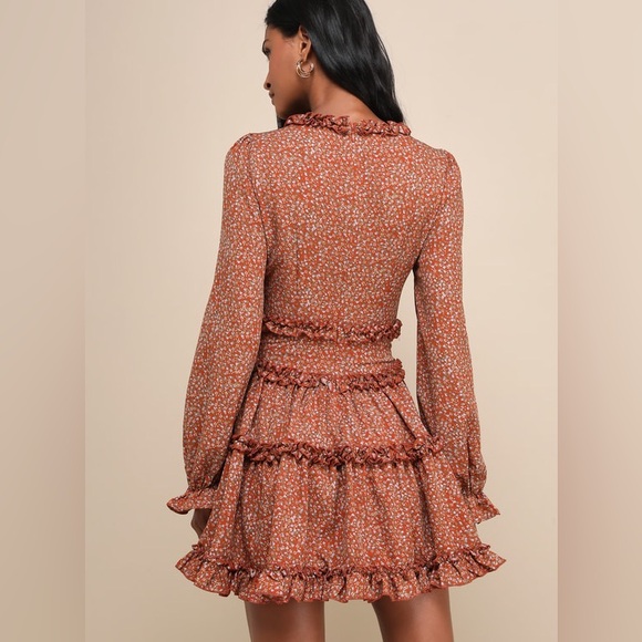 Lulus Admire You Orange Floral Print Ruffled Long Sleeve Mini Dress Size XS - Picture 3 of 9